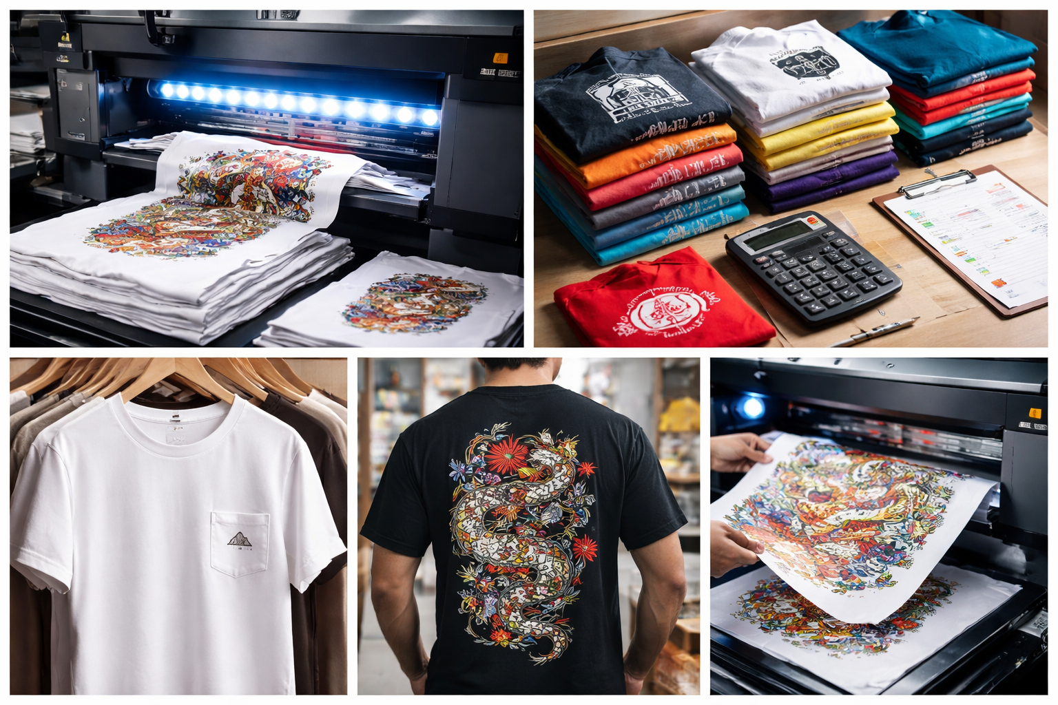 custom T-shirt printing Toronto equipment with stacks of shirts